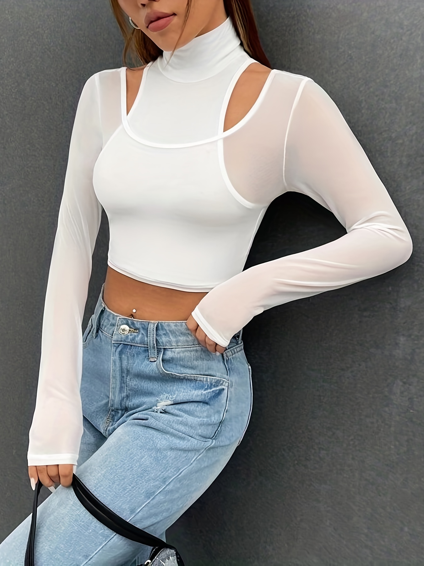 Cut Out Mock Neck Skinny Top, Stylish Long Sleeve Semi-sheer Top For Spring  & Fall, Women's Clothing