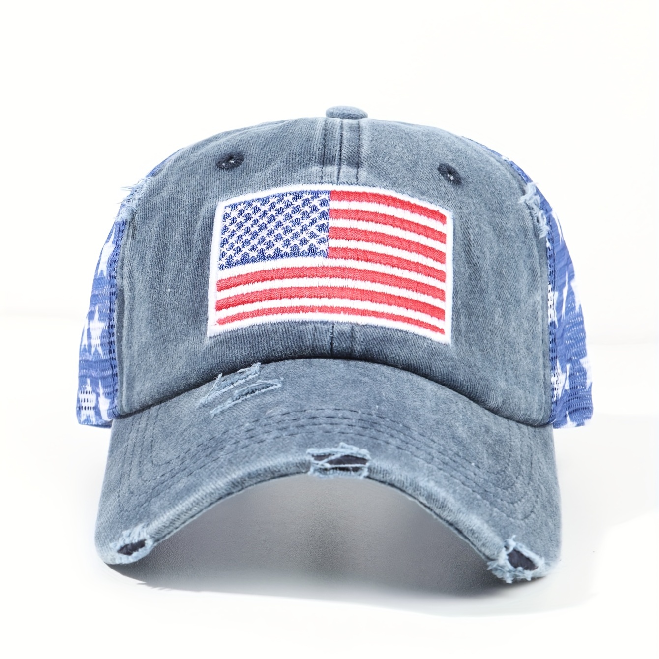 Usa Flag Embroidery Trucker Hat Navy Blue Washed Distressed - Temu