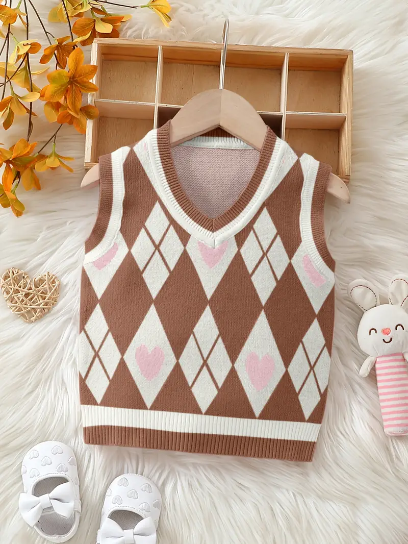 Young Girls Sweet Hearts Argyle Knitted Preppy Vest V neck - Temu  Philippines