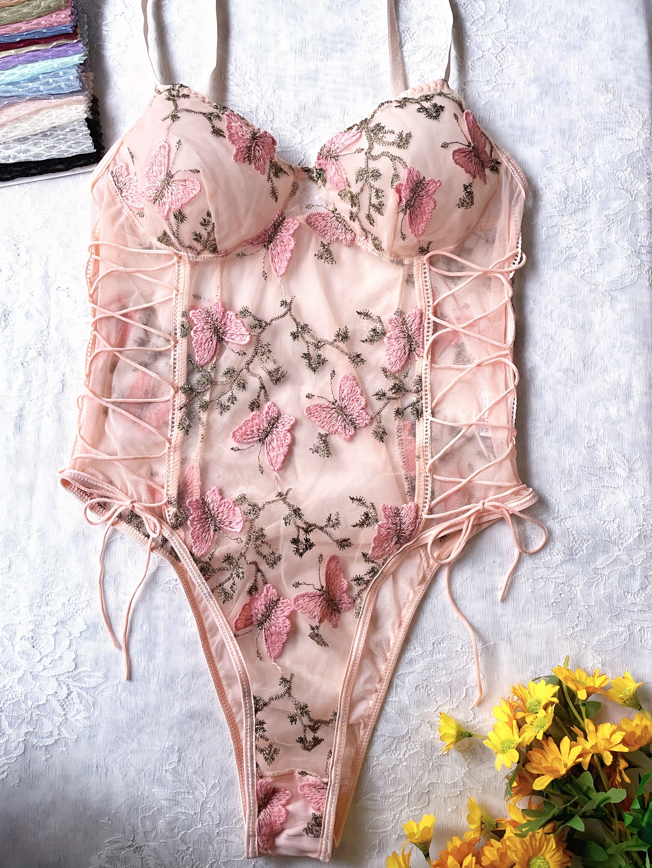 Hot Floral Lace Plunging Teddy Sleeveless Open Crotch Bow - Temu