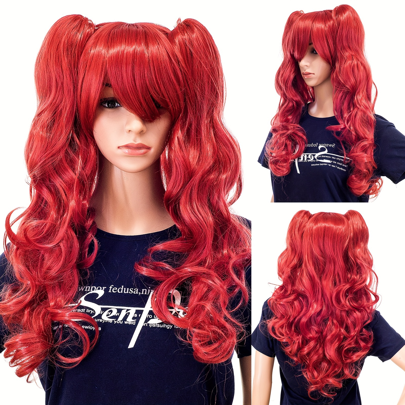 

Red Long Curly Wigs With 2 Curly Ponytails 22inch Long Synthetic Wavy Wigs With Bangs For Cosplay Costume For Halloween Party Christmas Music Festival