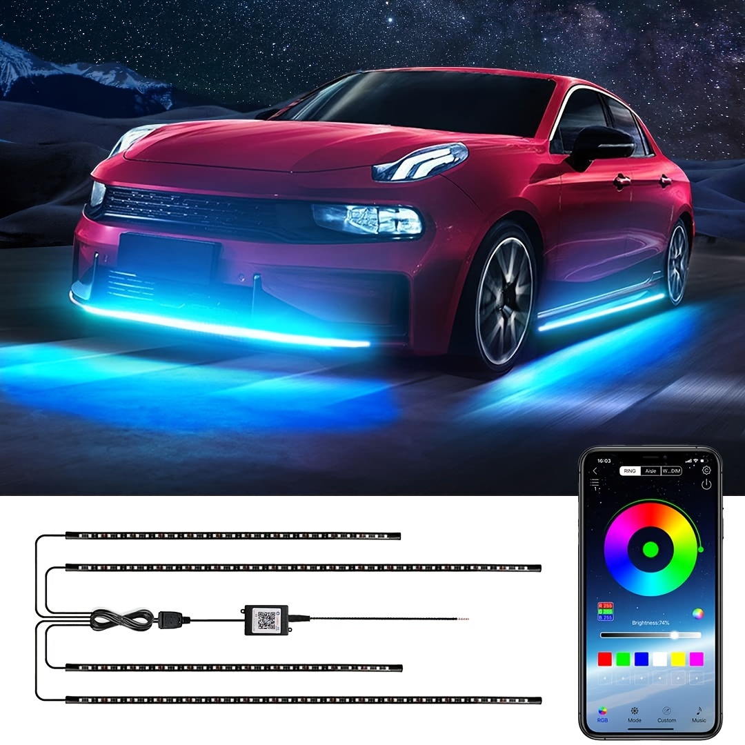 4IN1 Neon LED Car Underglow Bottom Light APP Sound Control RGB Flexible LED  Underbody Strip Light Auto Decorative Ambient Lamp