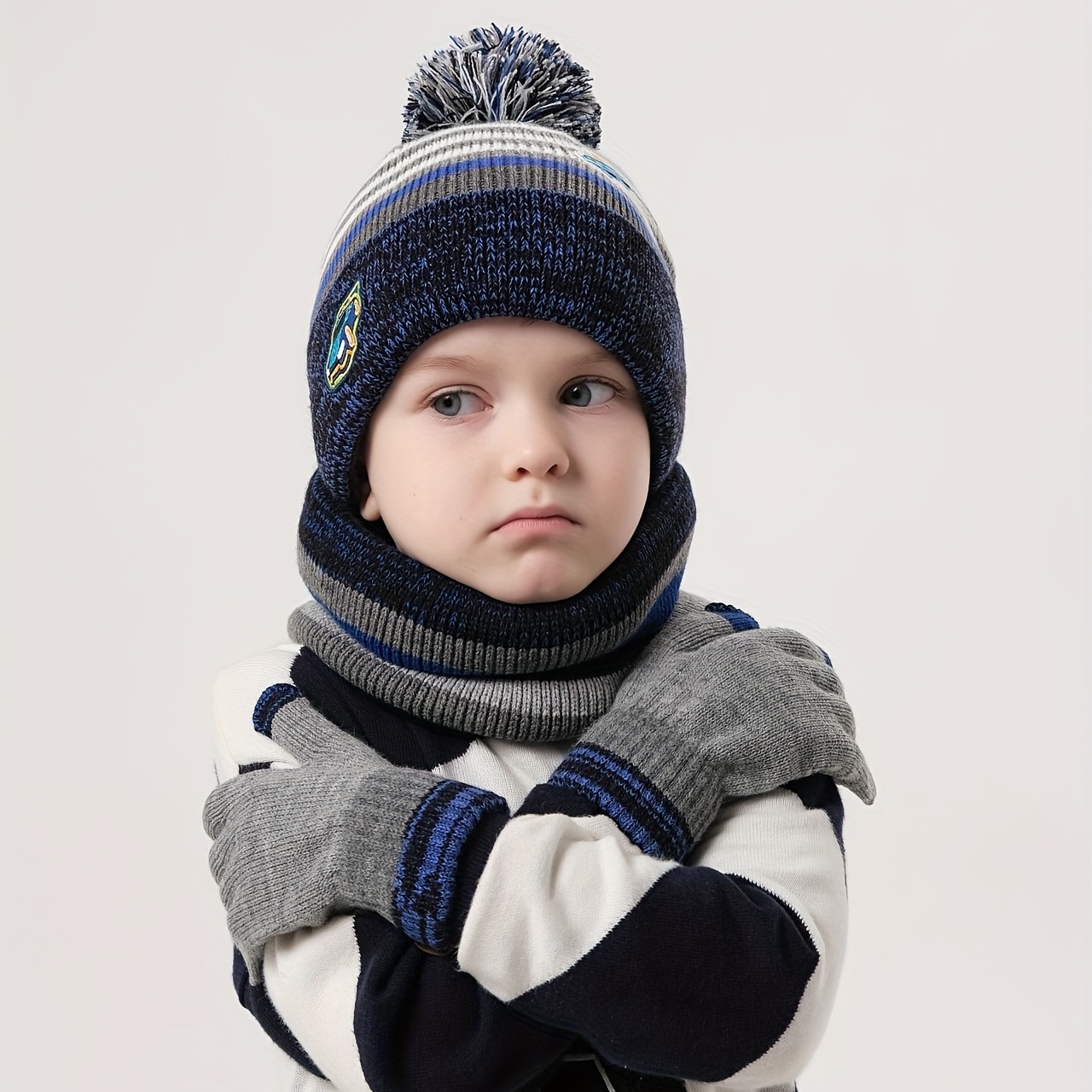 3pcs / set Bonnets d'hiver chauds pour garçons et filles en bas âge et  longue écharpe