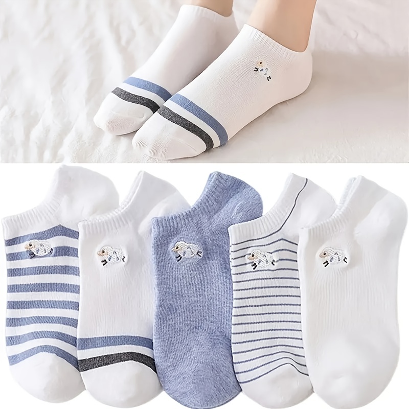 

5 Pairs Eid Al-adha Sheep Embroidered Socks, Comfy & Cute Low Cut Ankle Socks, Women's Stockings & Hosiery
