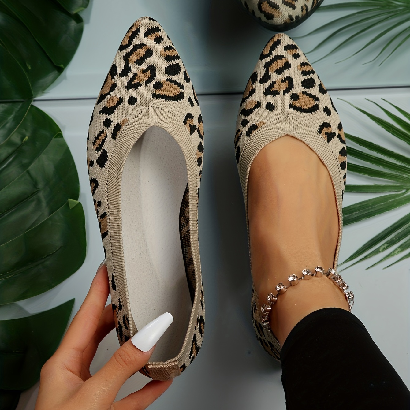 Women's Leopard Print Flat Shoes Causal Pointed Toe Solid - Temu