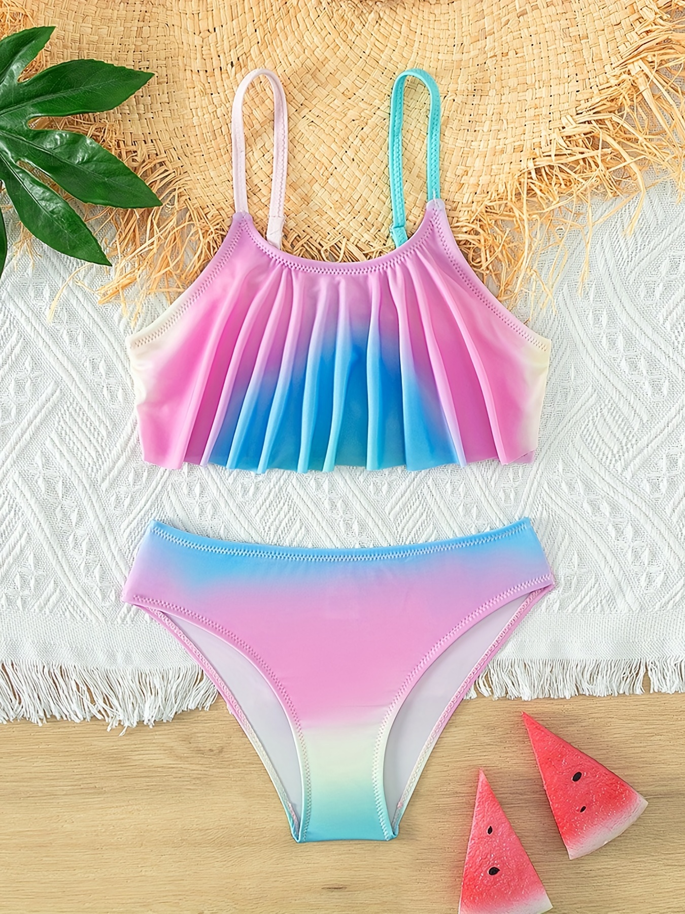 2pc Girls: Make A Splash In This Stylish Gradient Bikini Swimsuit - Perfect  For Summer Beach Fun!
