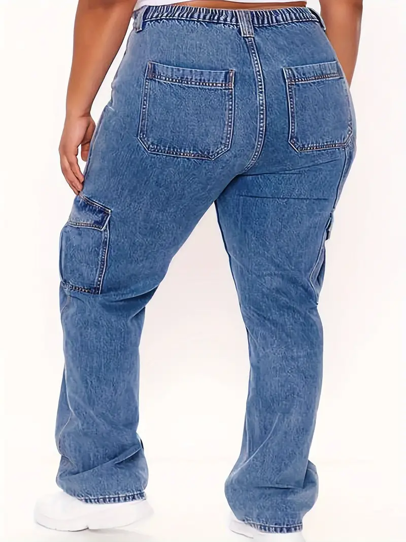 Plus Size High Rise Straight Leg Denim Cargo Jeans