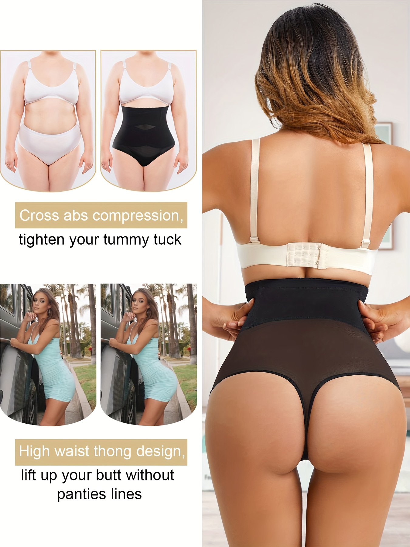 Thong Shapewear for Women Tummy Control Underwear High Waist Body Shaper  Butt Lifting Panties Black 