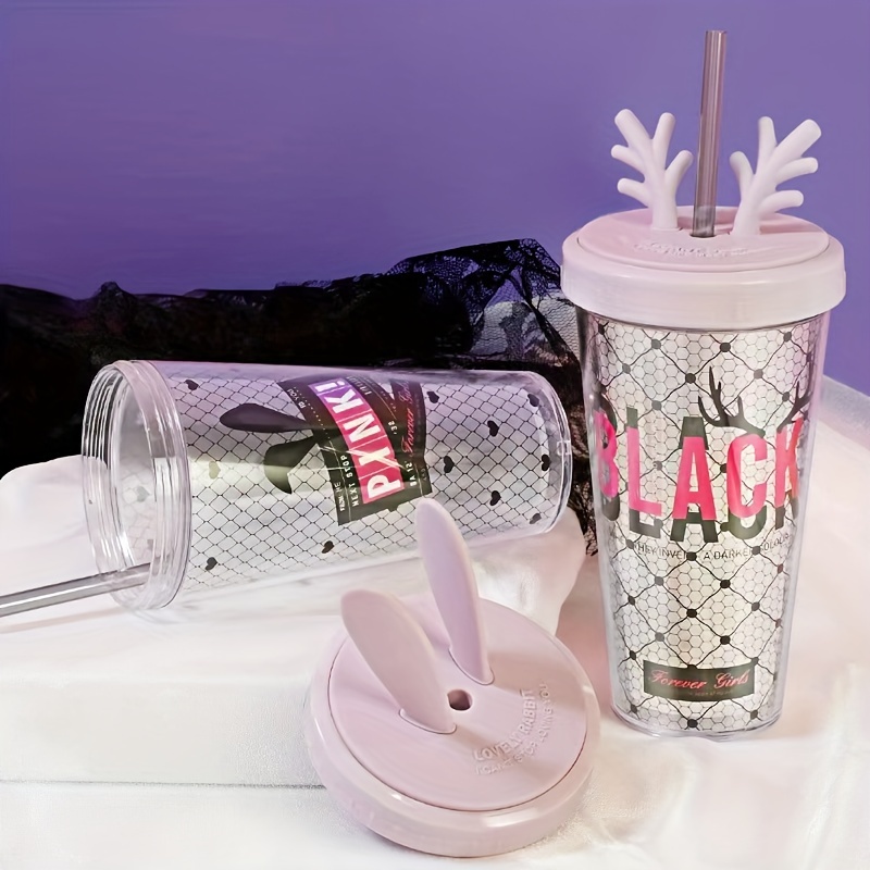 Cute Christmas Deer Rabbit Straw Cup, Creative Double Layer Plastic Cup,  For Christmas Gift - Temu