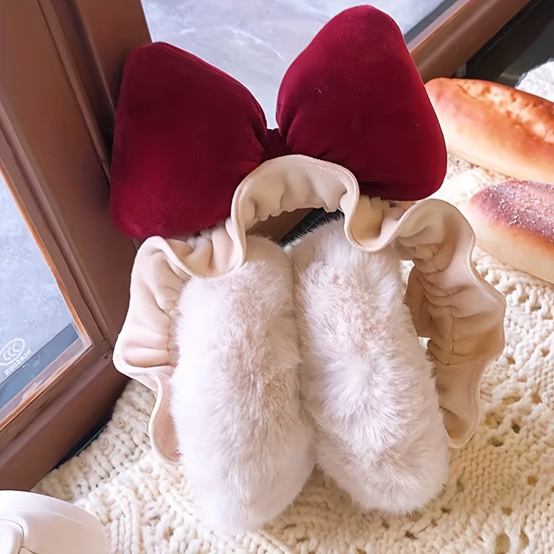 Red Bowknot Cute Plush Earmuffs White Thickened Faux Fur Ear - Temu