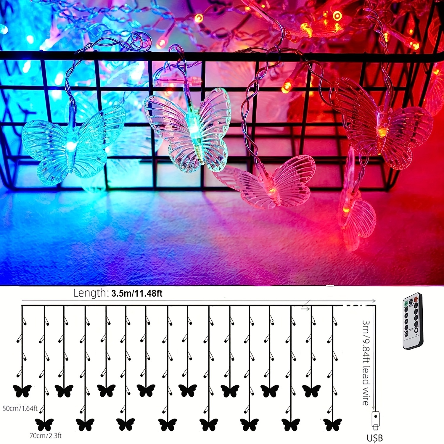 Butterfly curtain light 96 LED Fairy String Lights with USB plug flash  lights with remote control in bedroom, courtyard, Christmas, wedding and  party 