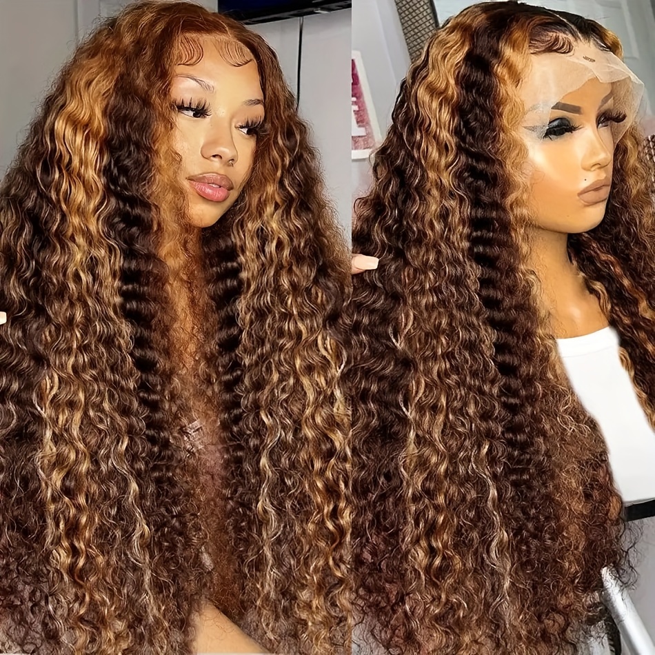 4x4 Lace Closure Wigs Long Ombre Brown Curly Human Hair Wig with Dark Roots 180 Density 18 / 180%