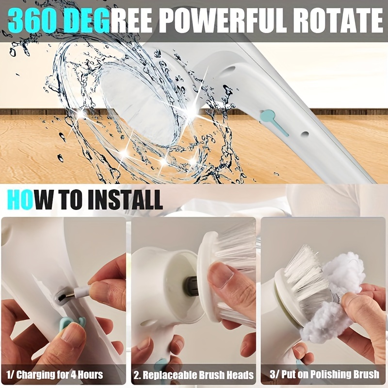 set electric scrubber with 5 replaceable brush heads portable spin scrubber cordless handheld cleaning brush for bathroom tub wall tiles floor kitchen details 0