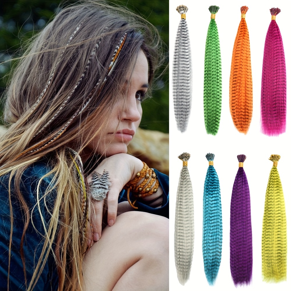 Colored Strands for Hair Feather Extension 10 Pieces I Tip Synthetic  Hairpiece Fake Hair Zebra Line Feather Hair Extensions