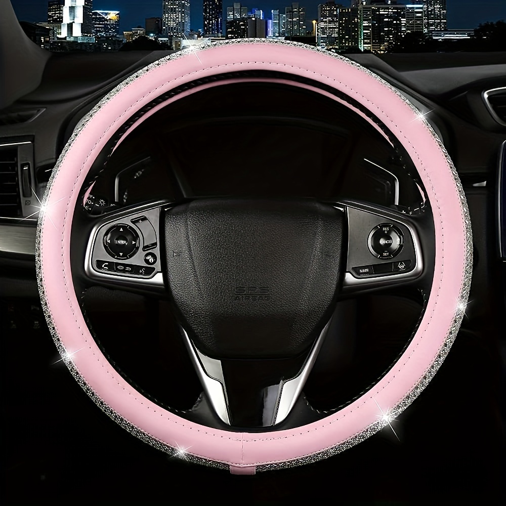 New Artiflcial Diamond Pu Leather Steering Wheel Cover With - Temu