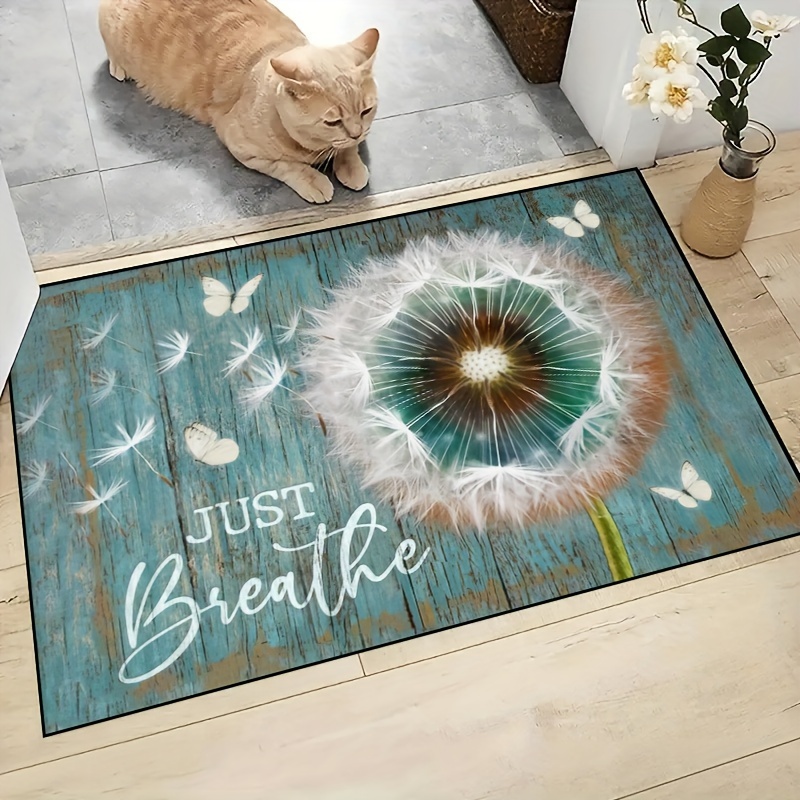 

1pc Dandelion Print Area Rug, Just Breathe Letter Print Door Mat, Creative Themed Mat, Non-slip And Washable Carpet, For Home Decor Bedroom Accessories Room Decor Photo Prop Outdoor Indoor Decor