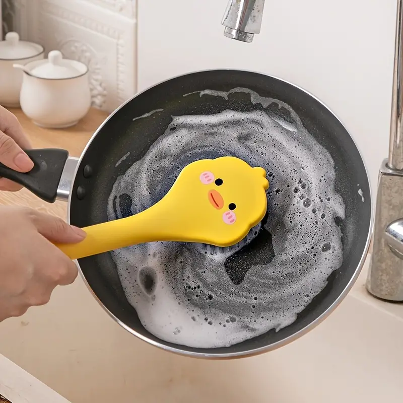 Yellow Duck Dish Brush Handle Built-in Scraper, Scrub Brush For