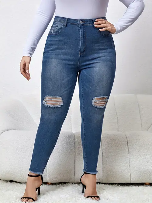 Plus Size Casual Jeans, Women's Plus Ripped Washed Button Fly Fringe ...