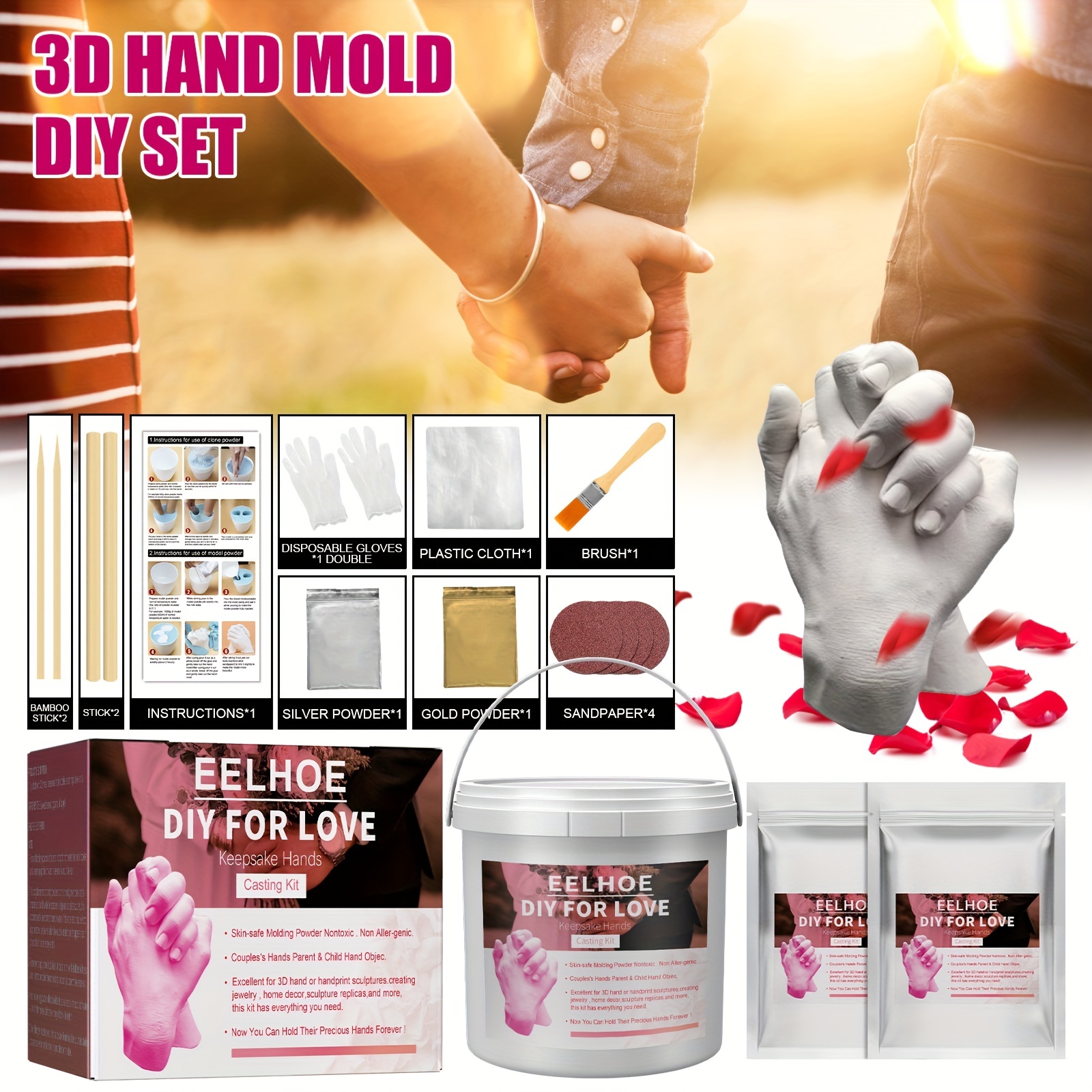 3D Handmade Hand Mold Casting Clone Powder DIY Kit Couples Hand Holding  Statue Molding Crafts For