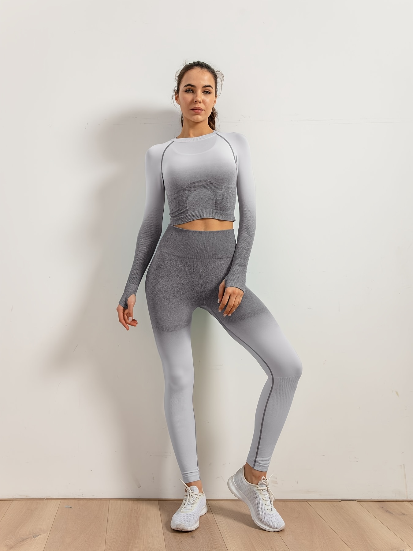 Ombre Women Yoga Set Seamless Leggings Long Sleeve Crop Top / Leggings Set L