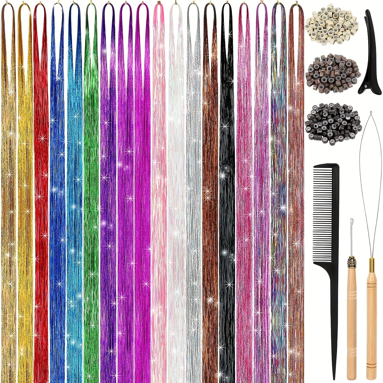 Hair Tinsel Kit (48 Inch, 16 Colors, 3200 Strands), Glitter Tinsel Hair  Extensions with Tools, Heat Resistant Fairy Hair Tinsel Kit with Hair  Tinsel