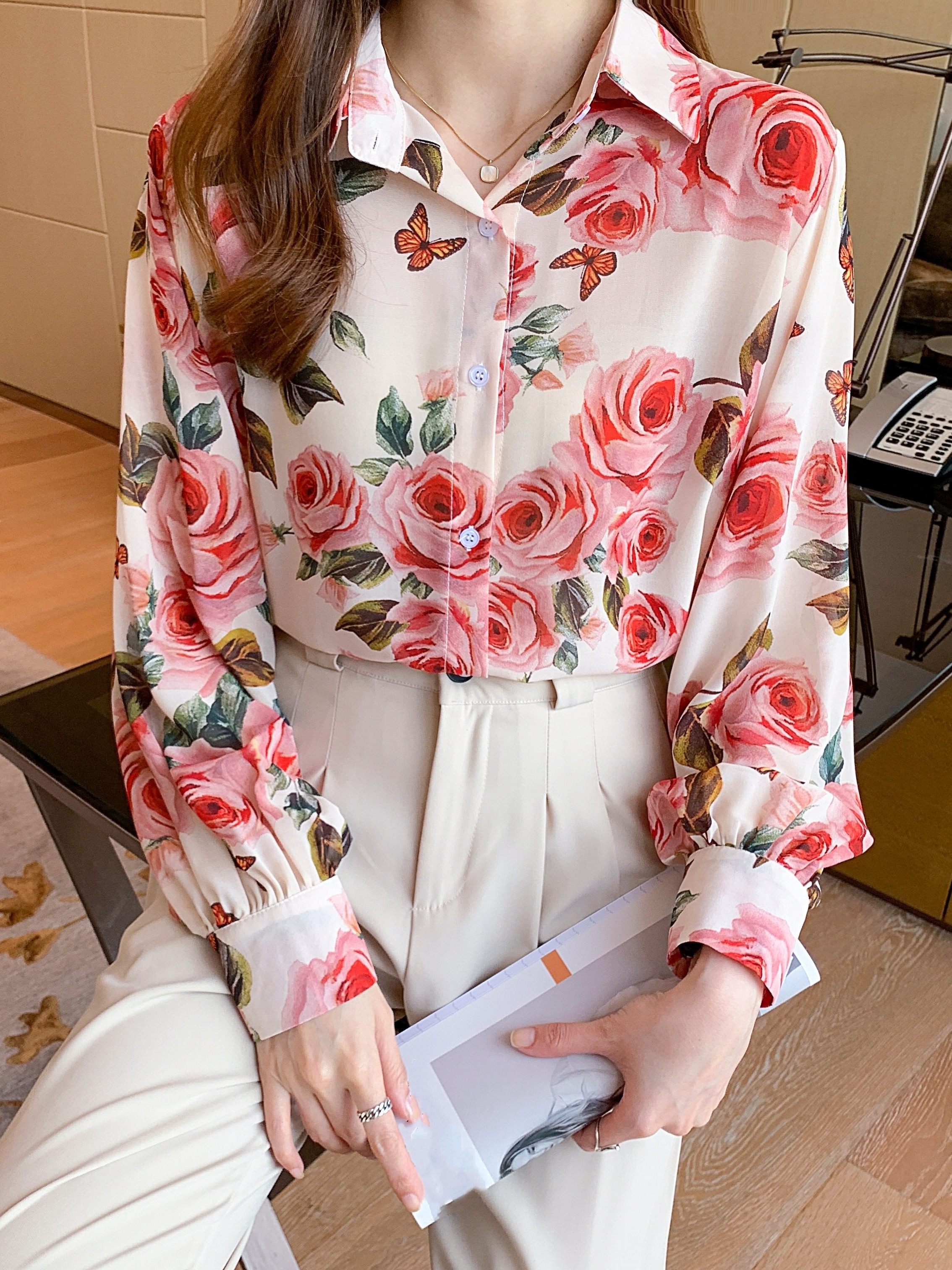 Women's Casual Long Sleeve Shirt - Floral Print Button Front Shirt For Women