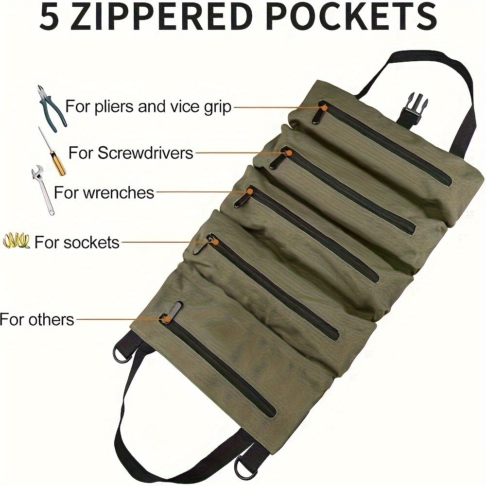 1pc Tool Roll, Multi-Purpose Roll Up Tool Bag, Wrench Roll, Car First Aid Kit Wrap Roll Storage Case, Hanging Tool Zipper Carrier Tote, Car Camping Gear