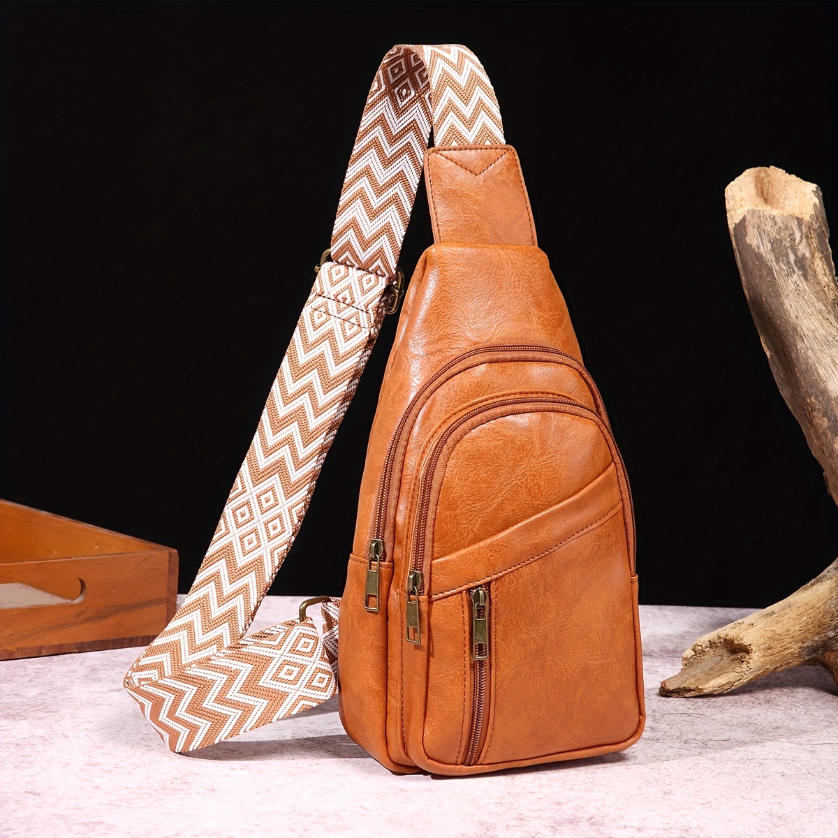 Vintage Style Sling Bag, Geometric Strap Crossbody Bag, Women's Small Pu  Leather Chest Purse - Temu