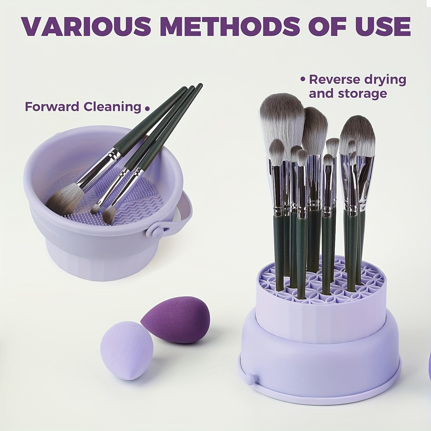Tapis de nettoyage de brosse de maquillage en silicone 2 en 1 avec support  de séchage de brosse, outil de lavage de tampon de tampon réutilisable en