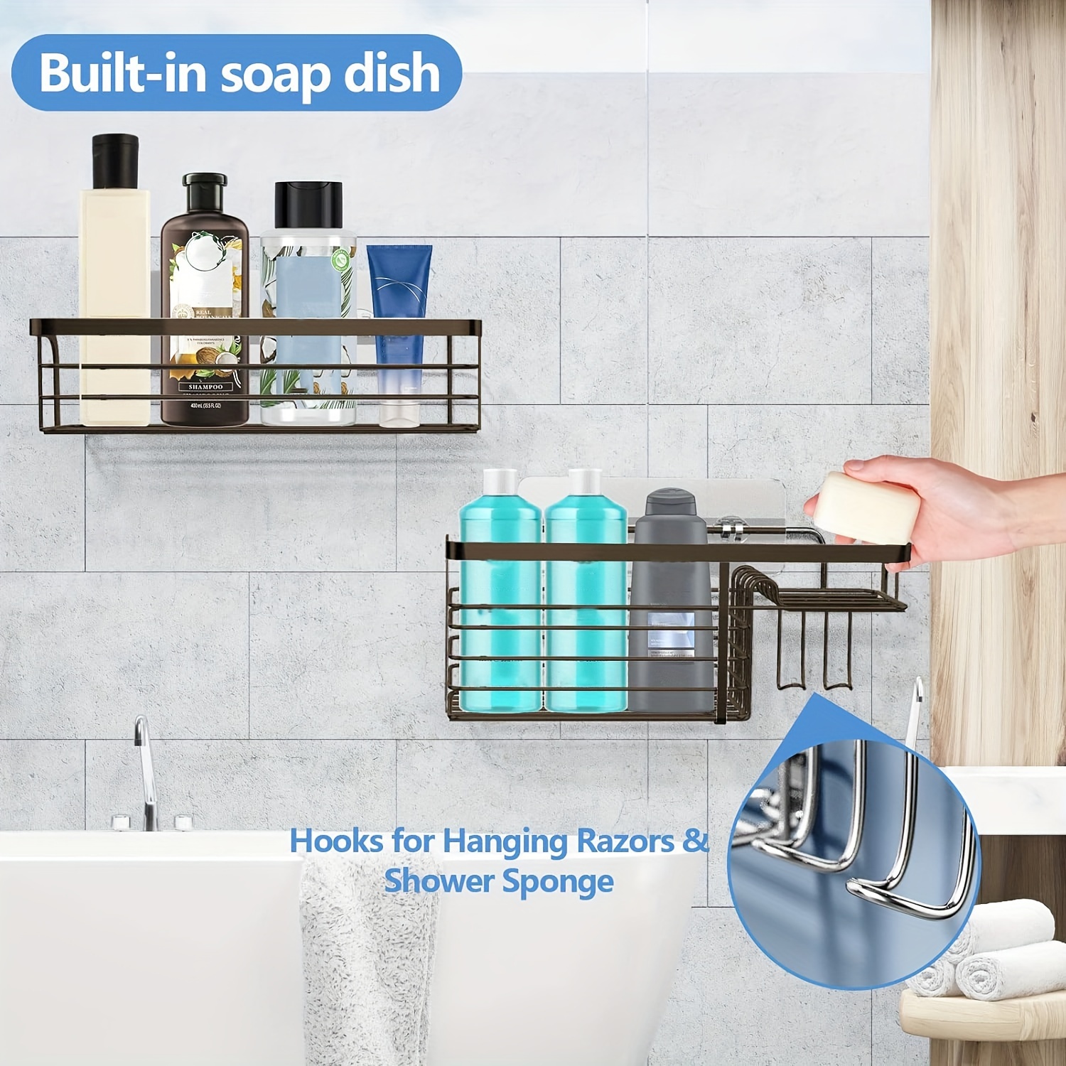 Adhesive Shower Caddy Shower Organizer Shelf Build in Shampoo Holder