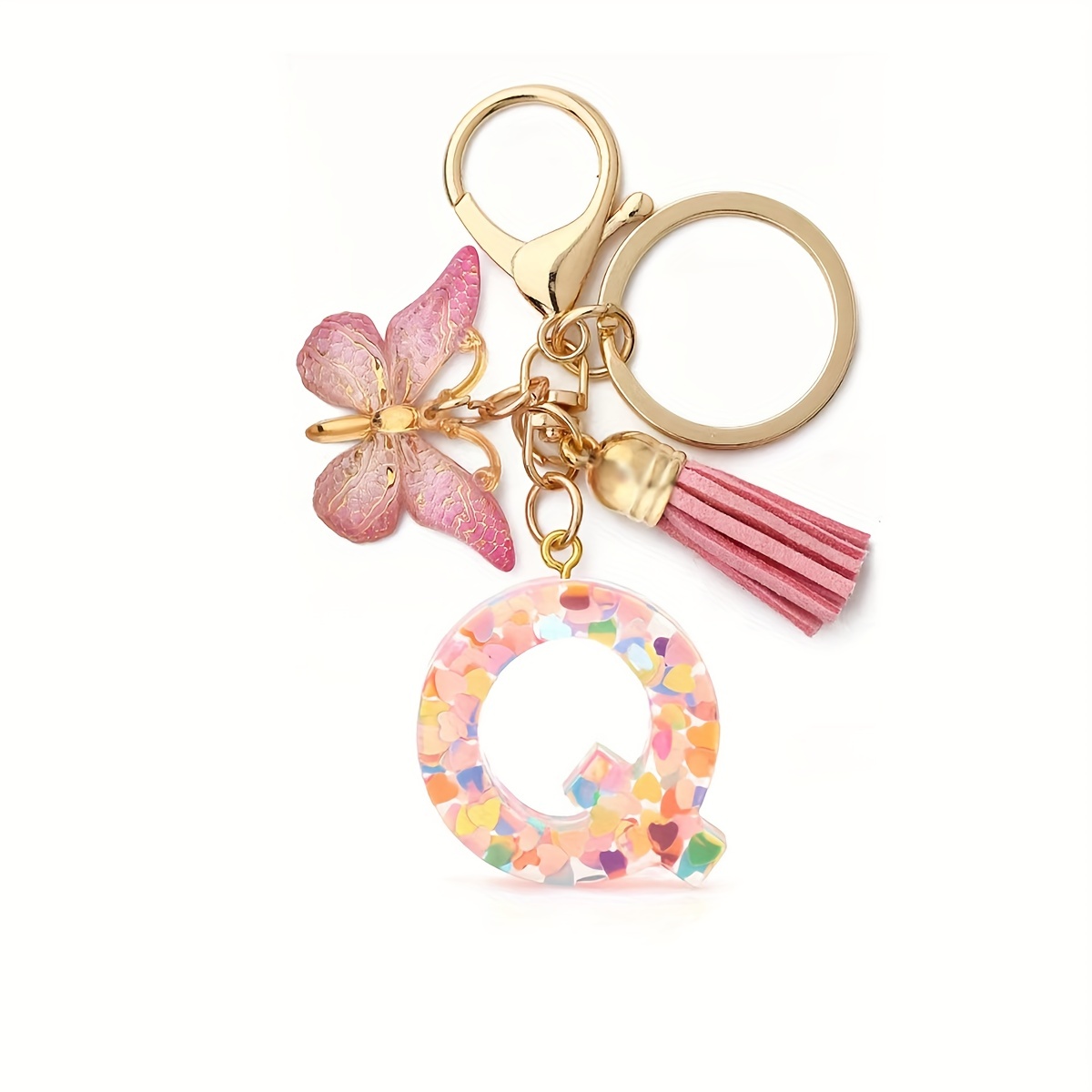 26 Letter Keychain Initial Keyring Alphabet Resin Flower Key Chain With Butterfly Tassel Pendant Handbag Purse Charm Pink Petal