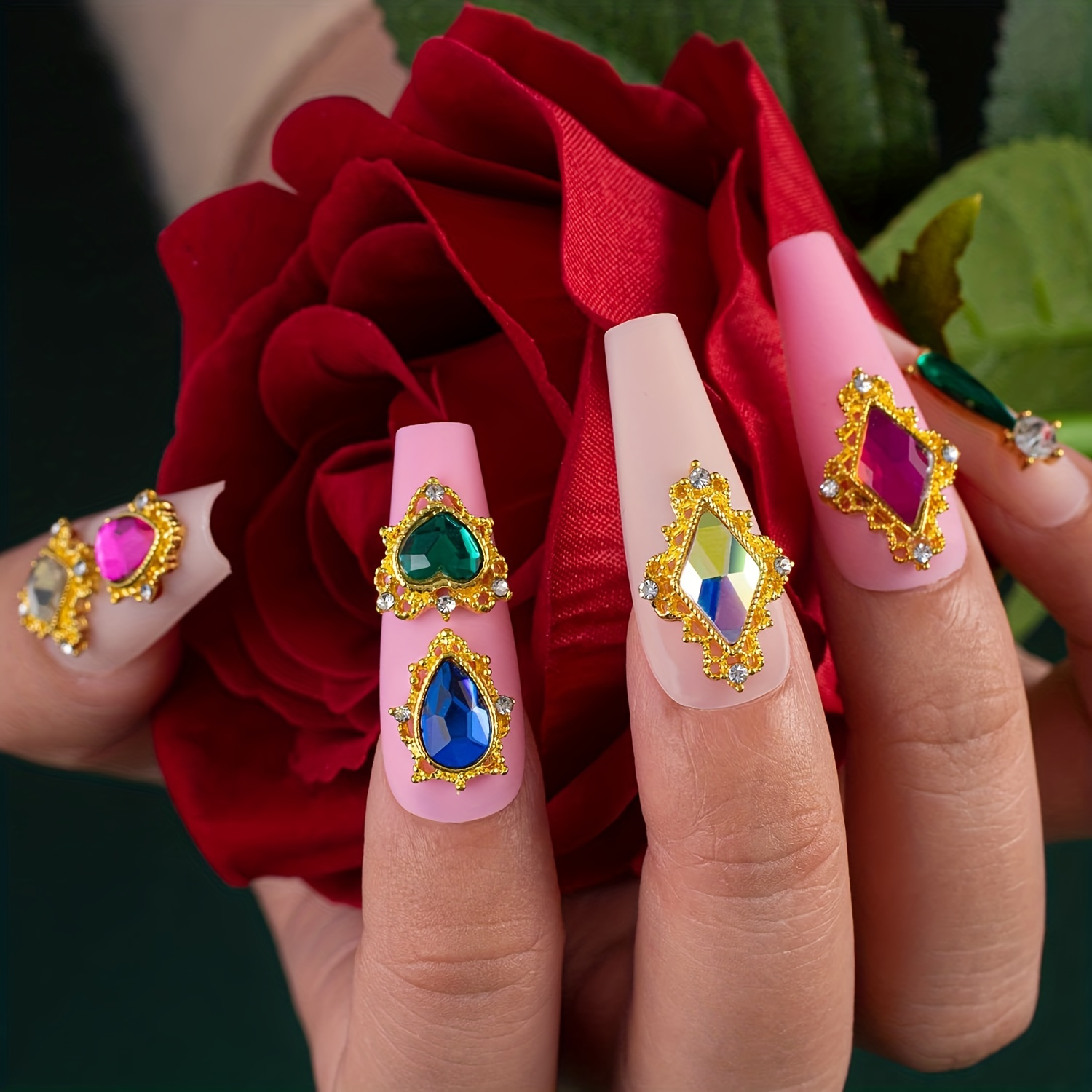 TEEKME 30pcs Sparkling Luxury Gold 3D Alloy Big Bulk Nail Charms Mix 7 Colors Crystal Rhinestone Diamond Gems for Fancy Long Nail Designs Accessory