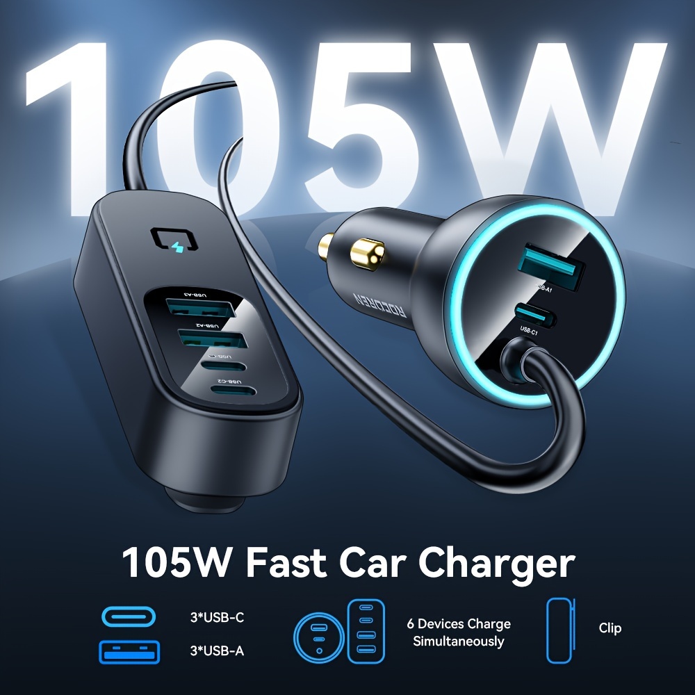 Rocoren 105W Chargeur De Voiture USB C 6 Ports PD QC 3.0 - Temu Belgium