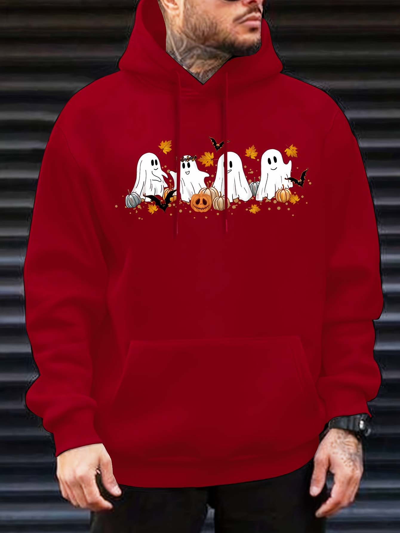 Men Casual Red Patterned Hooded Sweatshirt