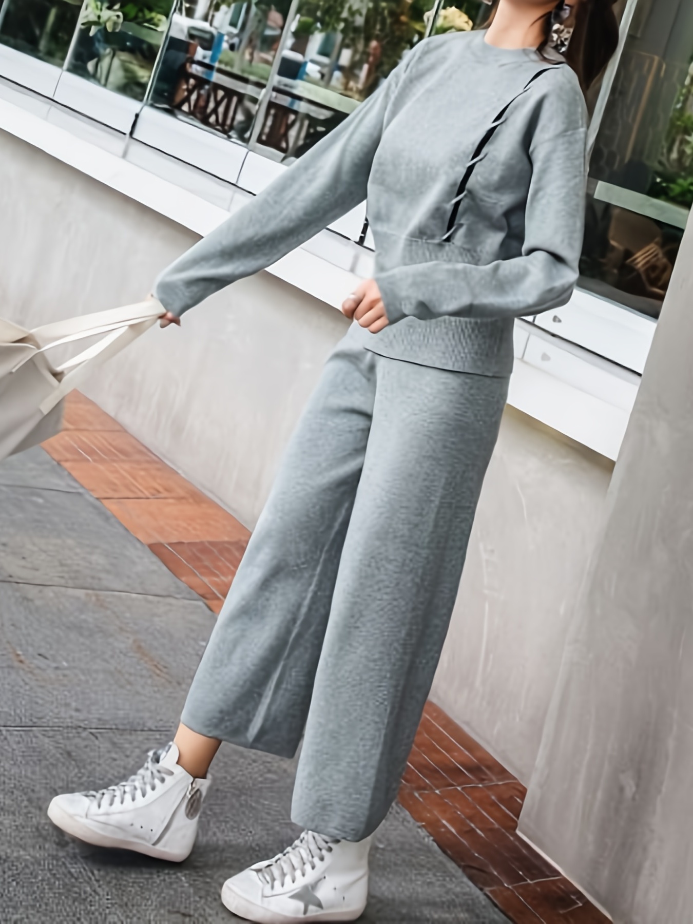 YWDJ 2 Piece Outfits for Women Pants Sets Long Sleeved Plain Knitted Casual  Two-piece Blouse Pants Knitting Sweater Gray XL 