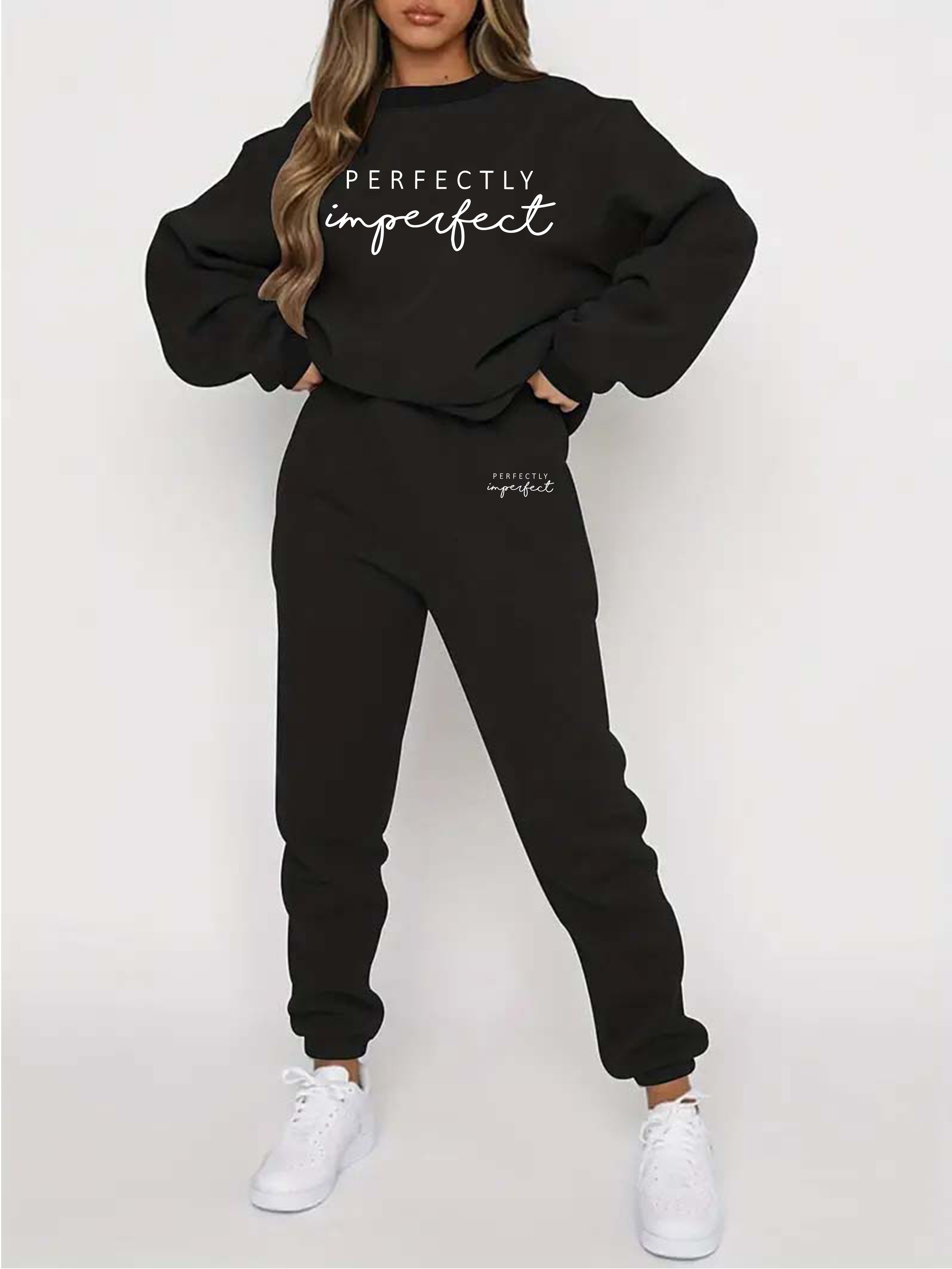 Perfectly Imperfect Print Fleece Two-piece Set, Casual Long Sleeve