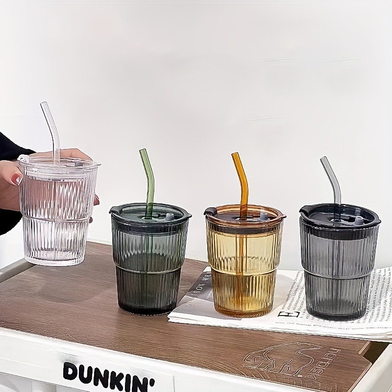 Vertical Stripes Glass Cup Set Drinking Glasses With Straws - Temu