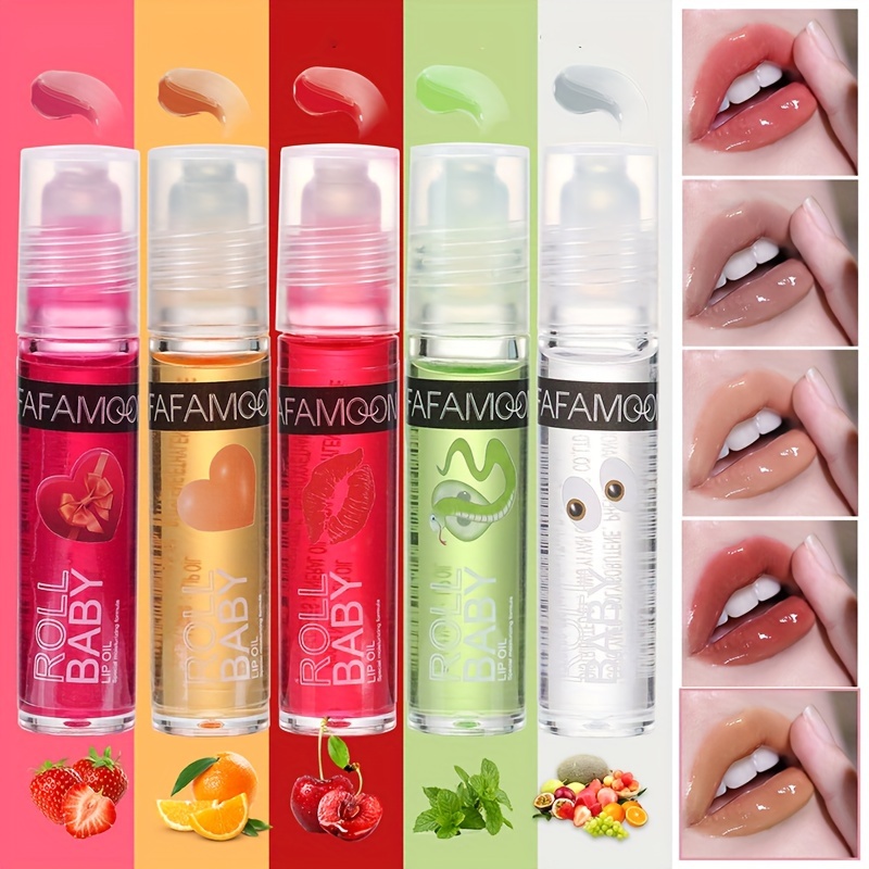 Lip Oil, 6PCS Fruity Flavors Lip Oil Set, Roll-On Lip Gloss Set, Strawberry  Orange Grape Avocado Cheery Peach Flavor,Transparent Lip Gloss, Non Toxic