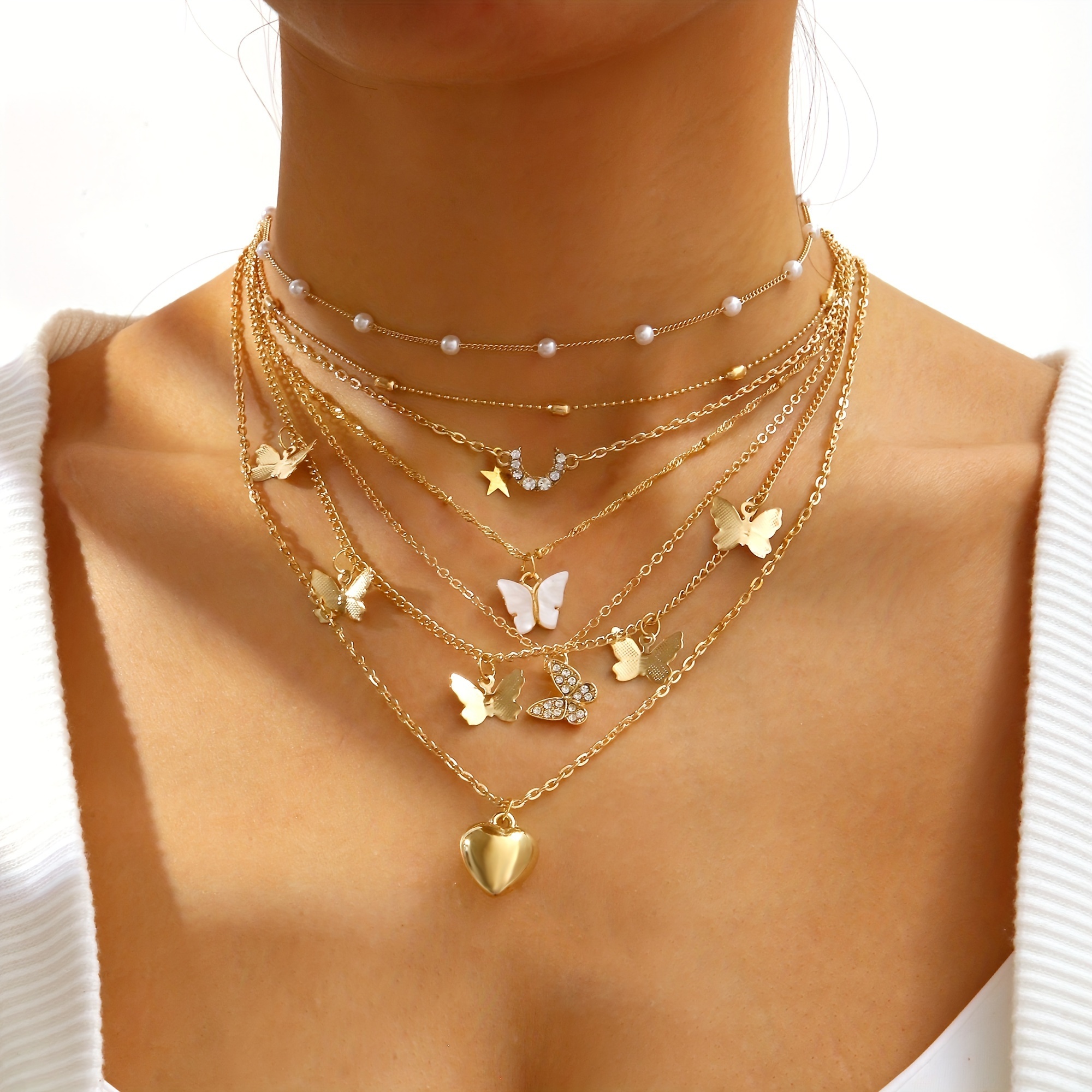 

6pcs Butterfly Love Faux Pearl Star Necklace For Women Party Holiday Decor Jewelry For Eid, Ramadan