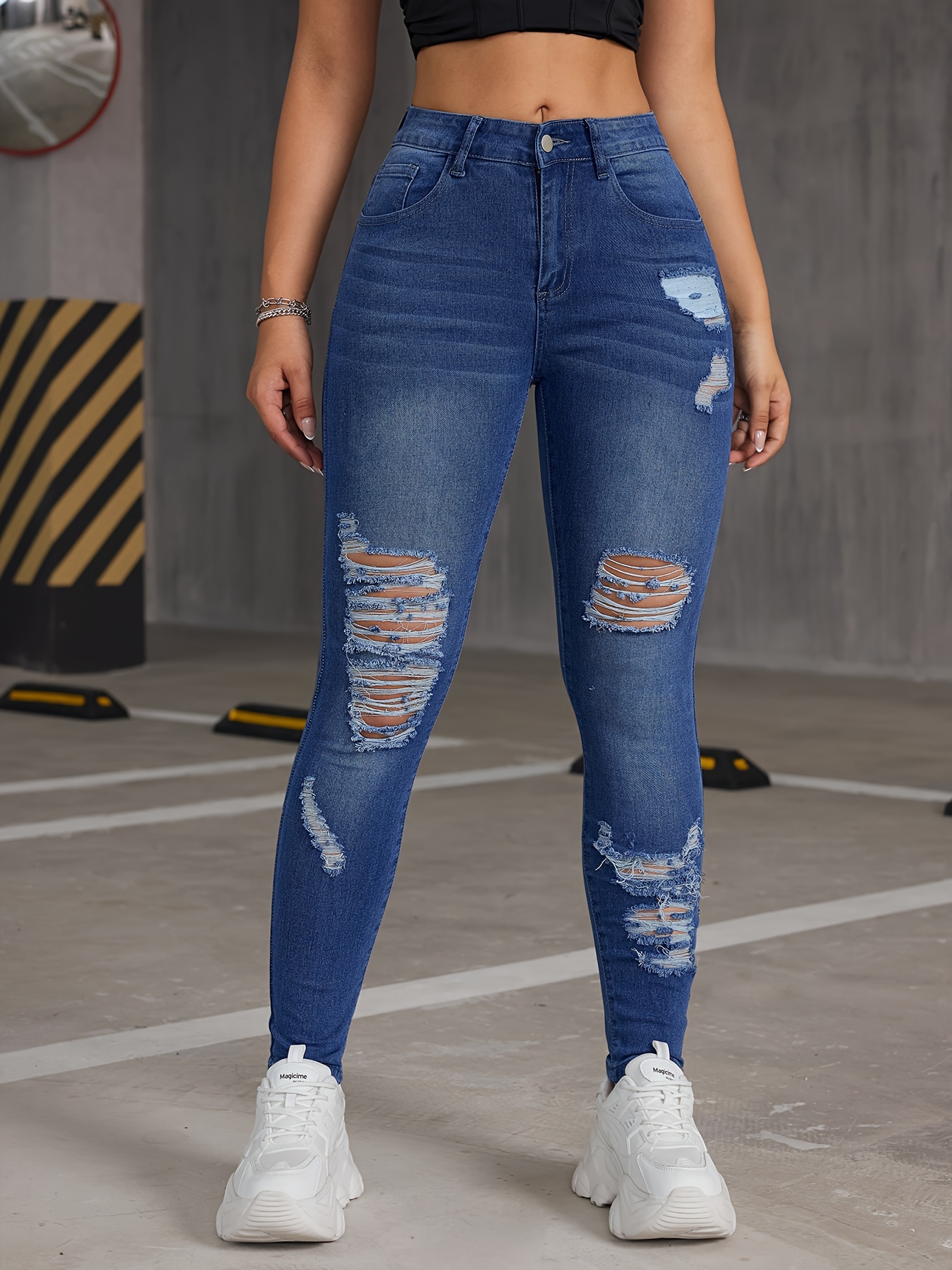 Ripped Holes Casual Skinny Jeans High Stretch Slim Fit Denim - Temu Canada