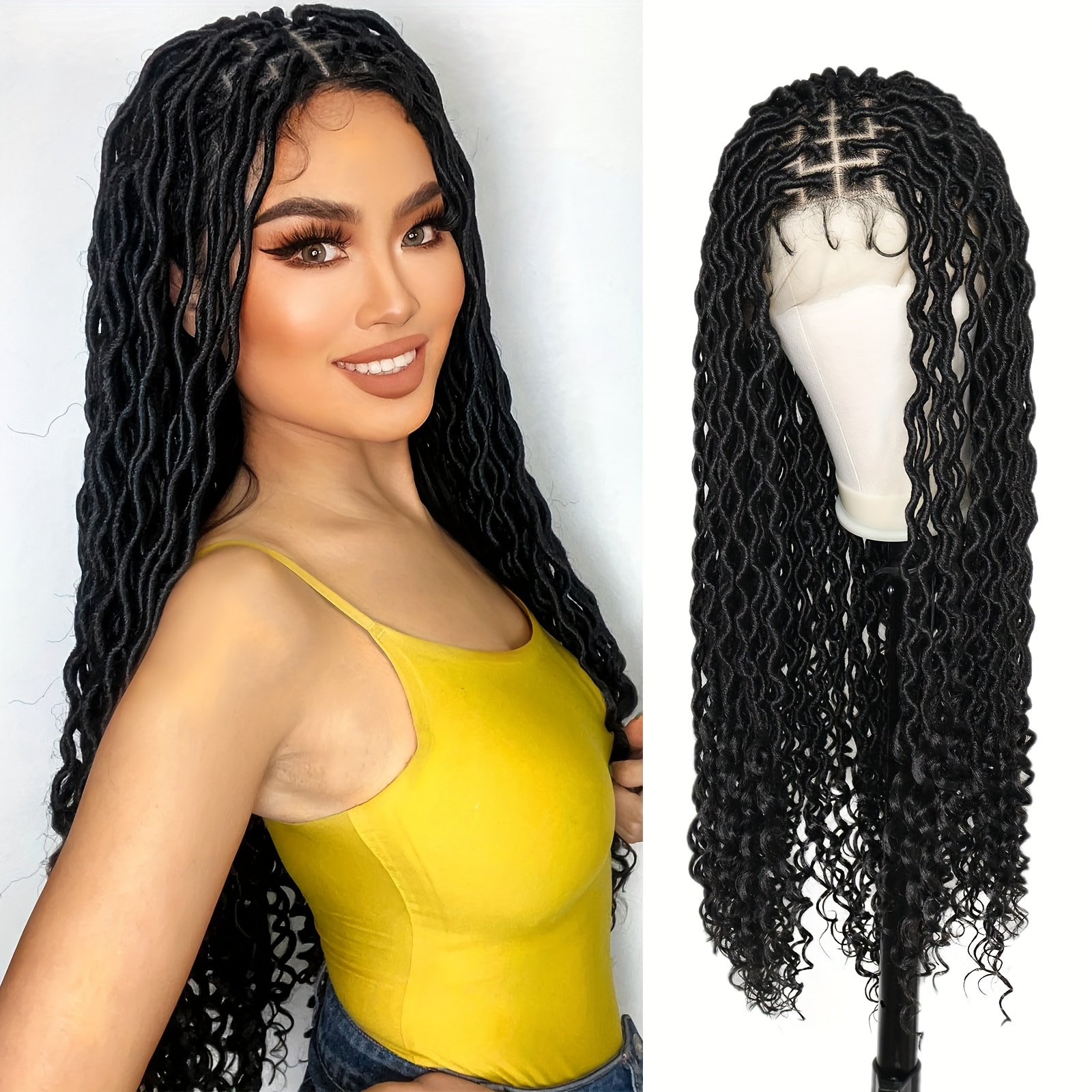 Short Box Braided Bob Wig for Black Women,Curly Goddess Braids Wigs  Synthetic Braiding Hair Black Color Bob Wigs with Natural Hair Line for  Women