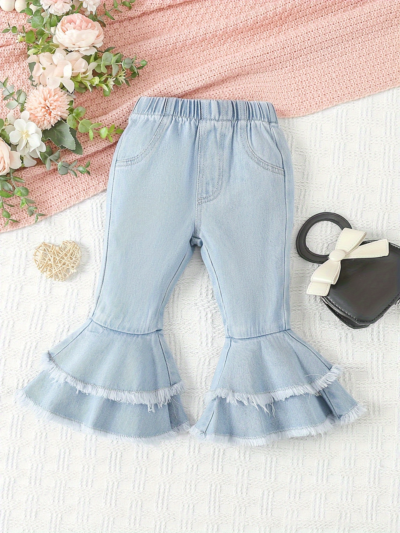 Girls Jeans Flare Pants Kids Casual Bell Bottoms Ruffle Bowknot