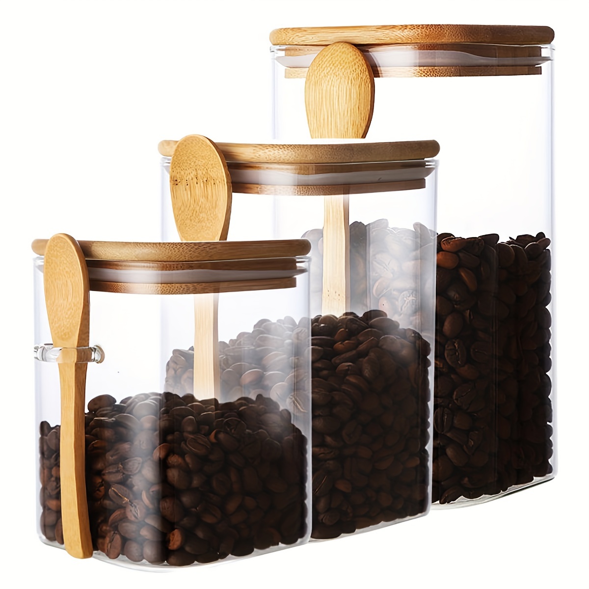 

3pcs Set Airtight Glass Jars With Wood Lids And Wood Spoons, Glass Canisters, For Coffee Beans, Tea, Flour, Sugar, Nuts, Candy, Bath Salts & More, Home Kitchen Supplies