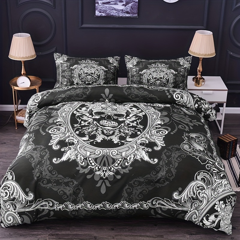 2/3pcs Skull Printed Duvet Cover Set (1 Duvet Cover + 1/2 Pillowcase, Without Core), Black Bedding Sets For Bedroom & Guest Room