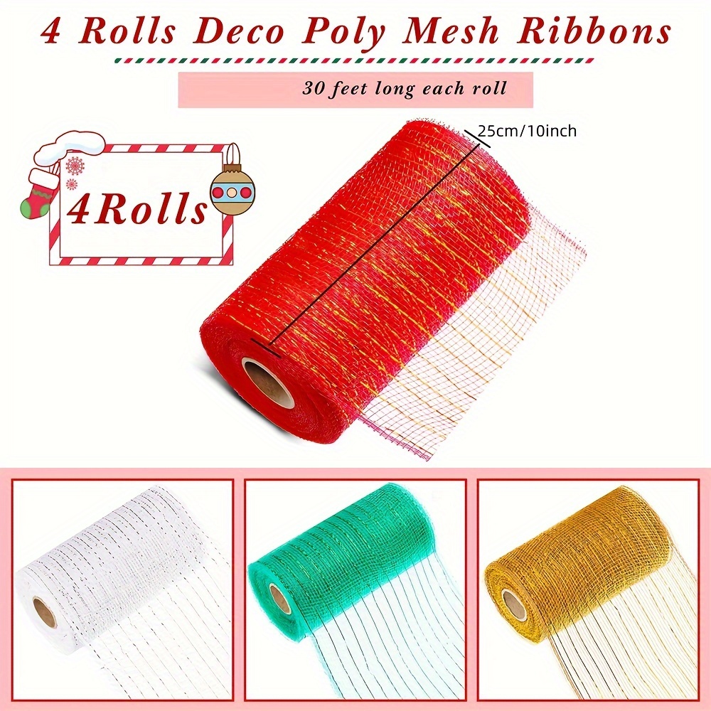 4 Rolls Deco Poly Mesh Ribbons 30 Feet Each Roll Metallic Foil Mesh Ribbon  for Home Door Wreath Decoration DIY Crafts Making Supplies (Blue + Yellow +  Pink + Green, 10 Inches) 