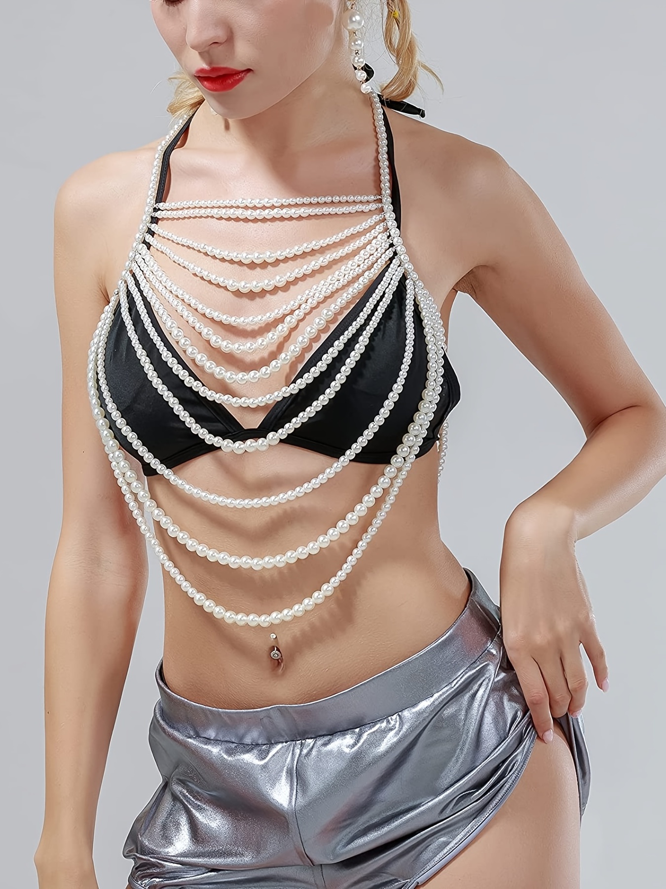 Boho Beaded Pearl Backless Body Chain Bra