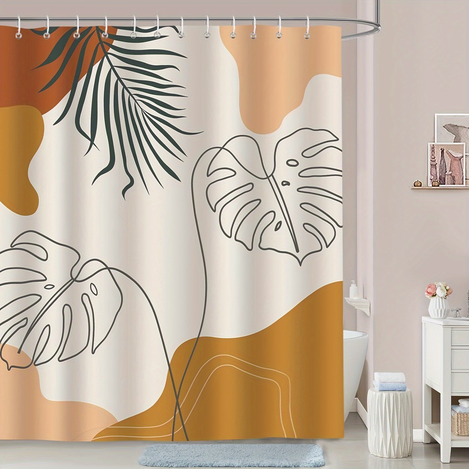 1pc Abstract Middle Age Style Shower Curtain With Cartoon Cat & Bohemian  Geometric Pattern, Sun Aesthetic Home Bathroom Shower Decor With Hooks  Included