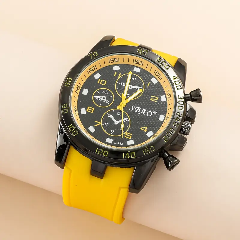 round analog dial yellow silicone strap quartz watch casual mens wristwatch trendy details 1