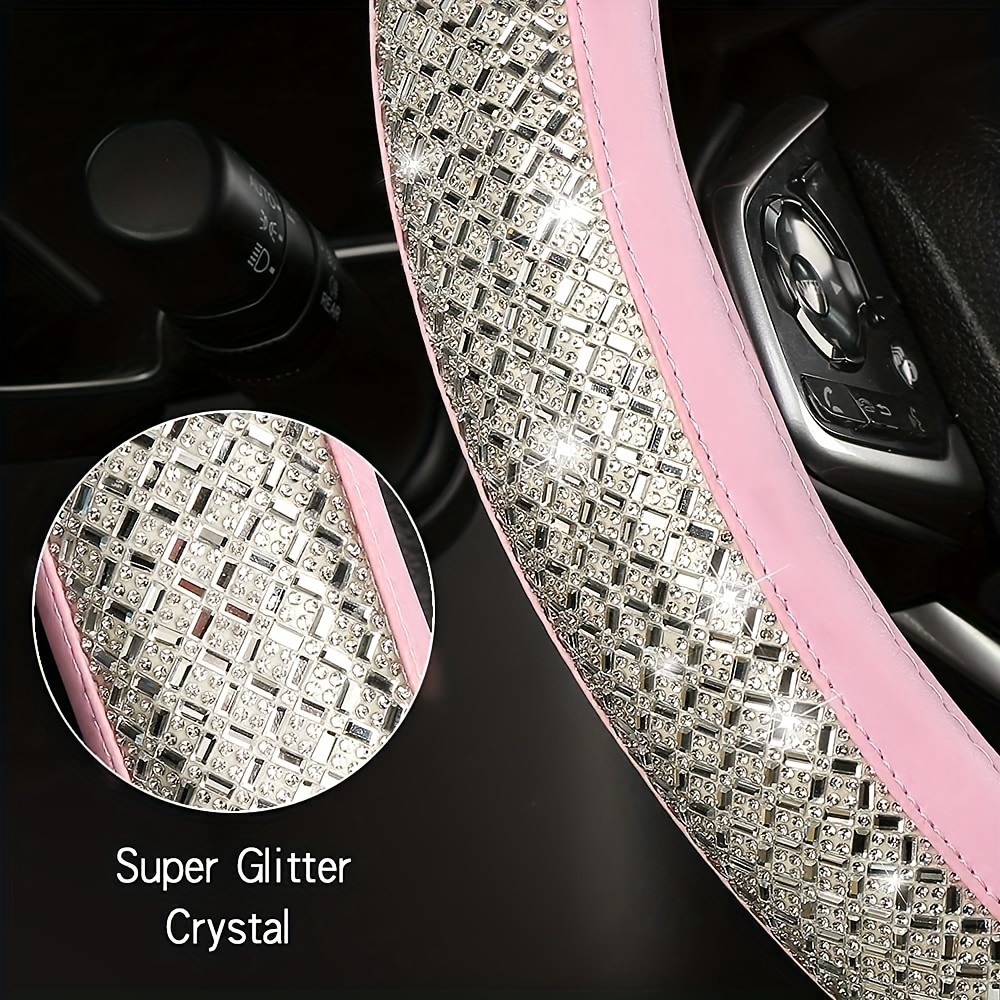 New Diamond Leather Steering Wheel Cover with Bling Bling Crystal  Rhinestones, Universal Fit 15 Inch Car Wheel Protector for Women Girls Black