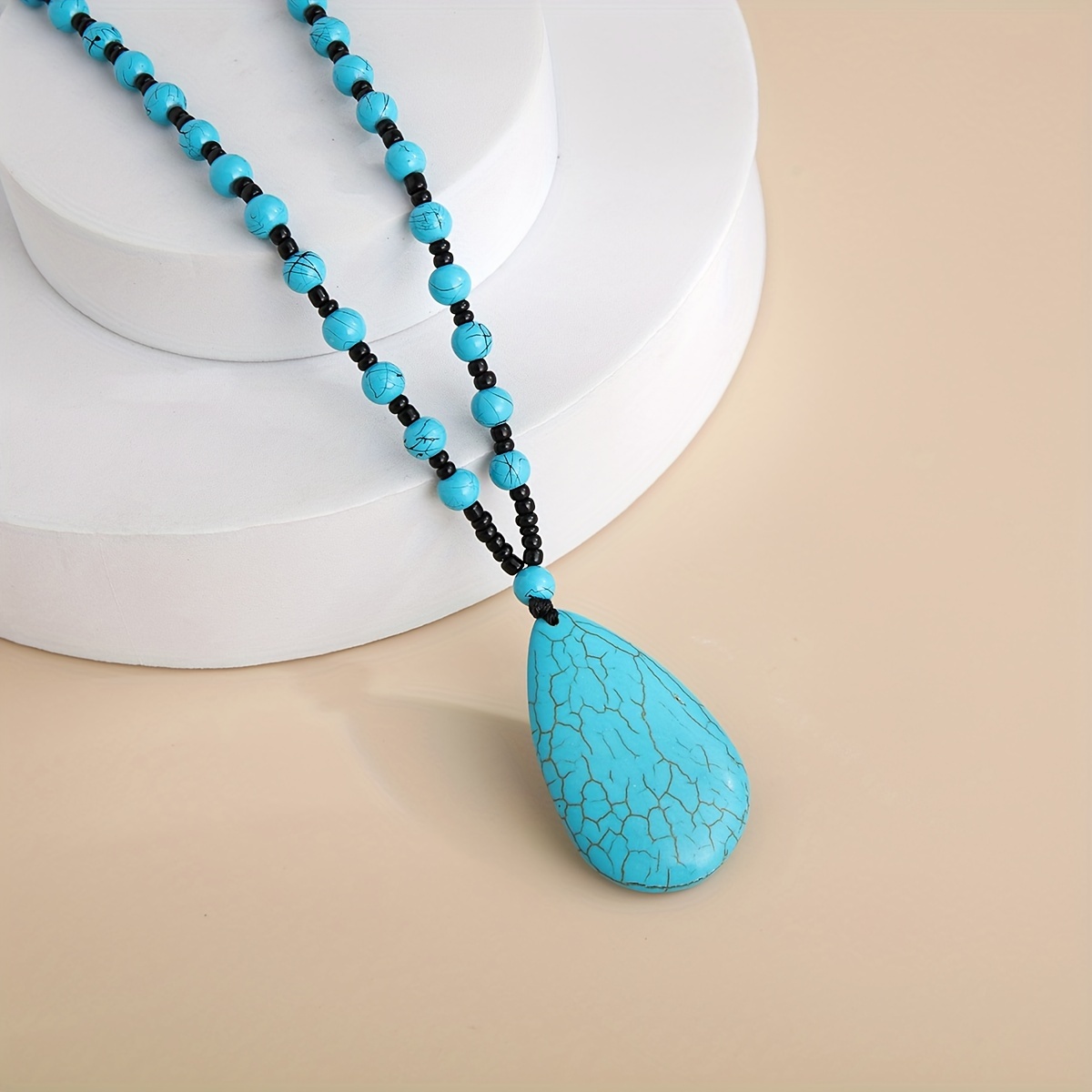 Boho Turquoise Teardrop Pendant Necklace with Beads & Cracked Stone